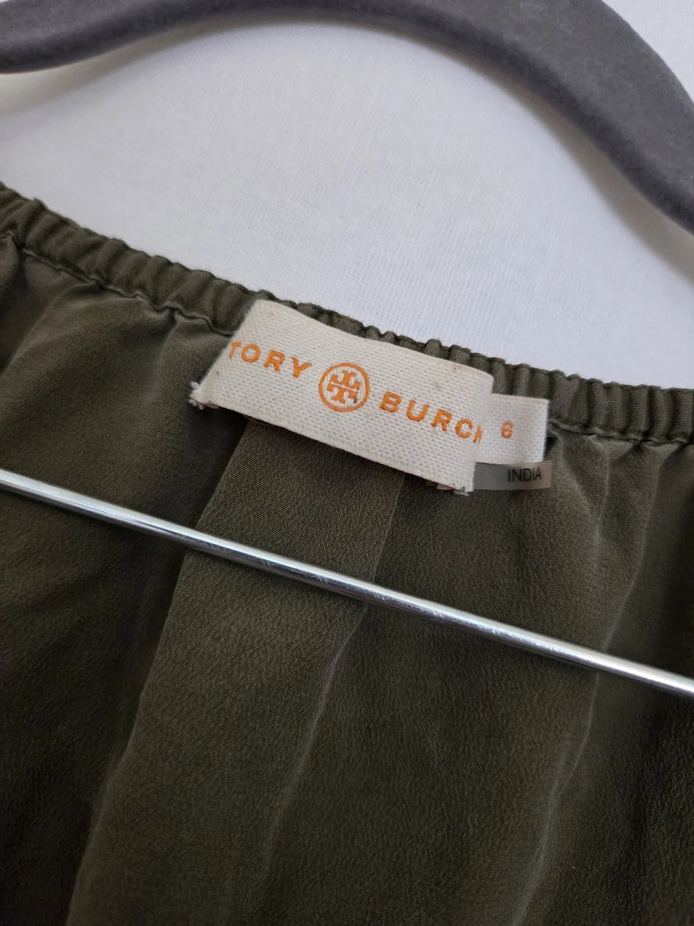 Tory Burch Dark Green Olive Camille Top with Navy Embroidery and Mirror Accents